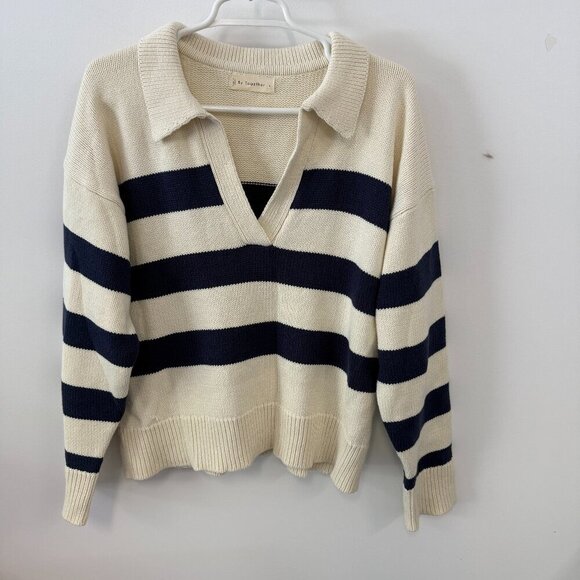 By Together Cream & Navy Blue Striped Collared Knit Long Sleeve V-Neck Sweater - Picture 1 of 4
